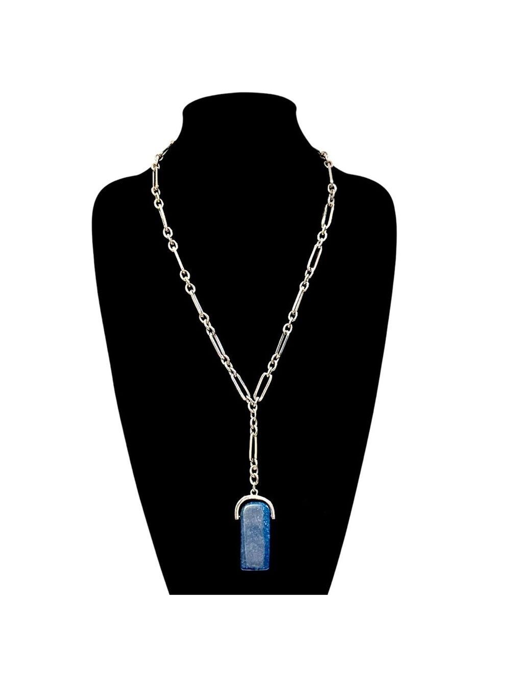 NEIMAN MARCUS Silver Blue Lapis Lazuli Triangle Stone Lariat Necklace | NWT